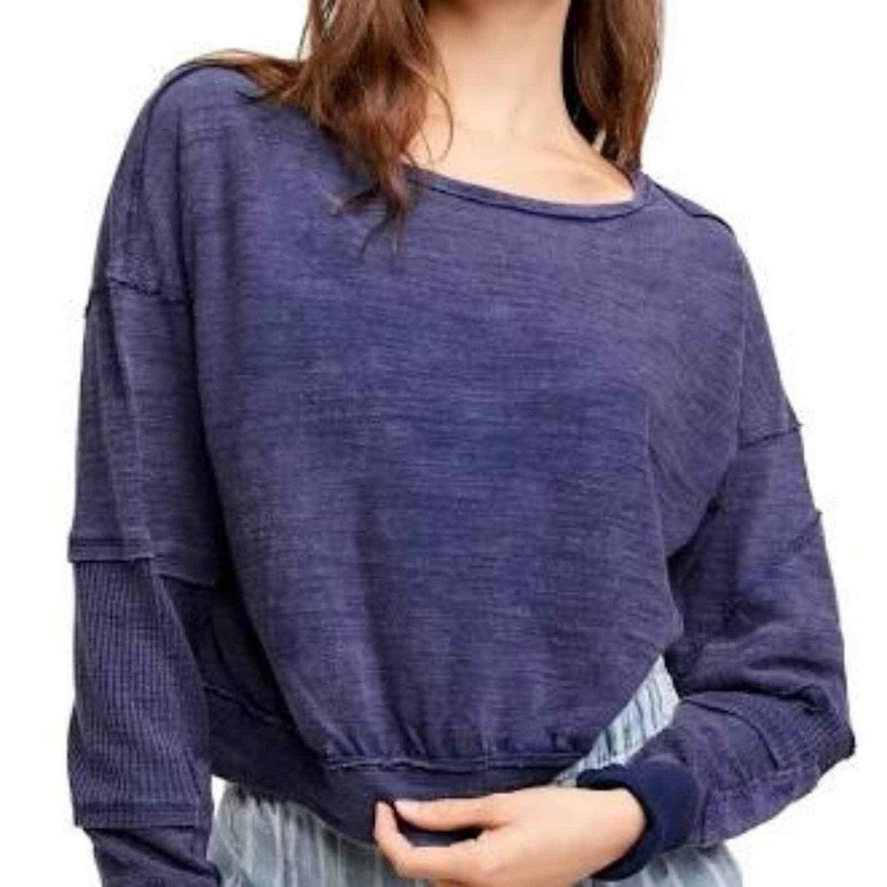 Free‎ People Womens M Sweatshirt Long Sleeve Cropped Boho Patchwork Top Blue
